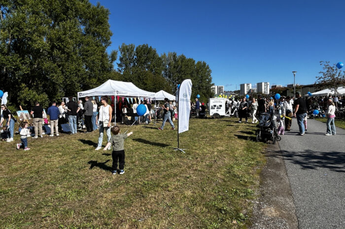 Översiktsbild med en folkmassa på parkfesten på Årstafältet.