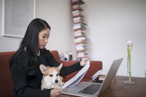 Kvinna studerar hemma med hund i knäet