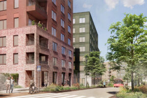 Illustration av husen som SKB planerar att bygga på västra sidan av Henriksdalsbacken.