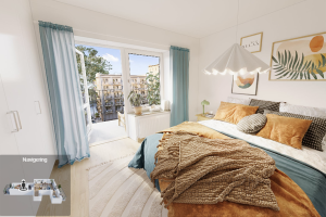 3D-illustration av ett sovrum i kvarteret Torshamn